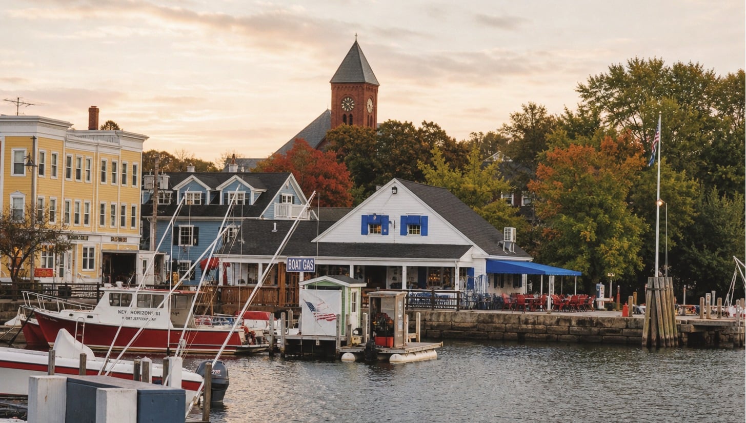 Northeast harbor town at dusk, boats and warm lights