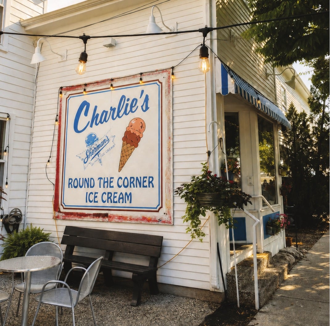 Charlie's ice-cream shop storefront, vintage Americana sign