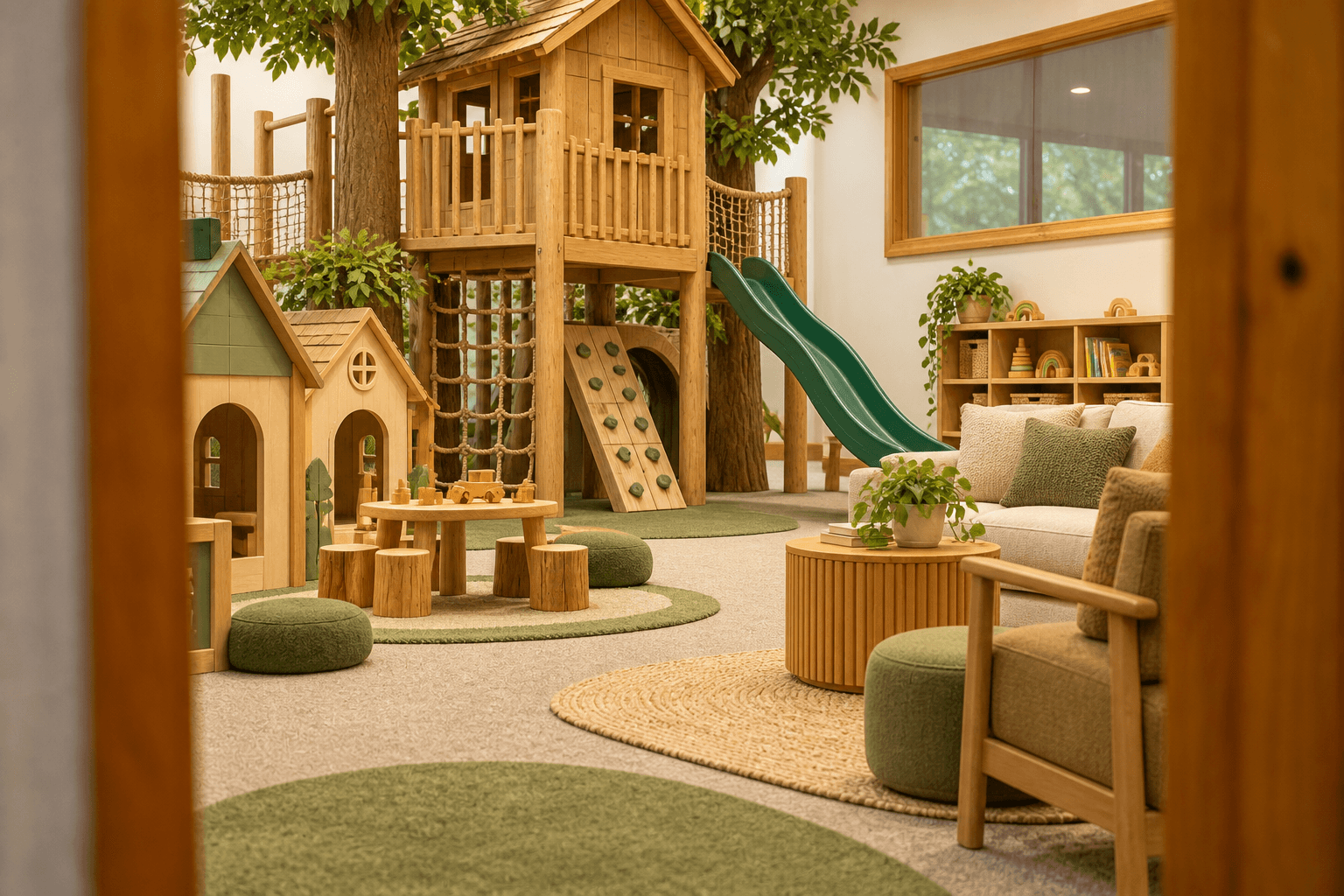 Future-state concept rendering of The Treehouse with a kids village, treehouse jungle gym, and parent lounge